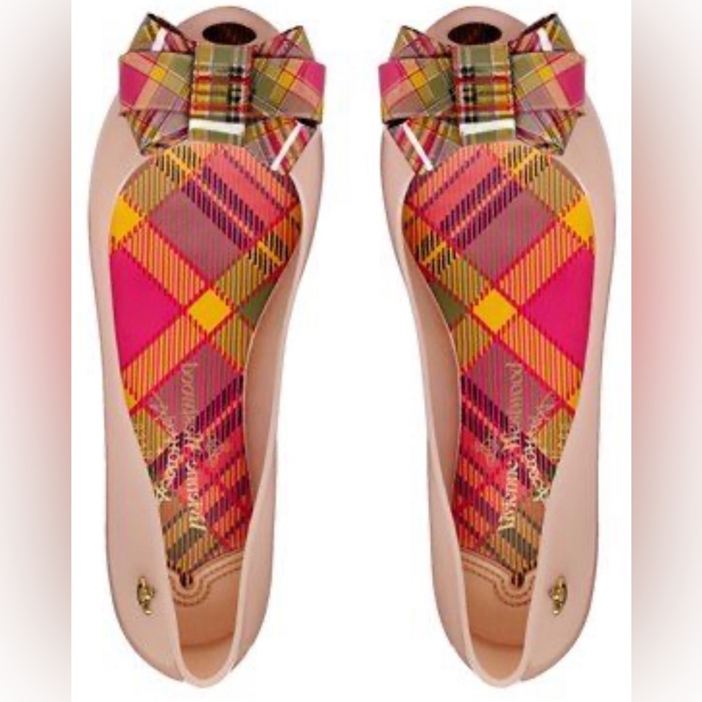 Vivienne Westwood x Melissa Nude Plaid Bow Flats – Orb Logo – Size US 9 (UK 7)